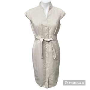 Calvin Klein Button Down Linen Blend Cap Sleeve Khaki Dress w/ Tie Belt Size 4